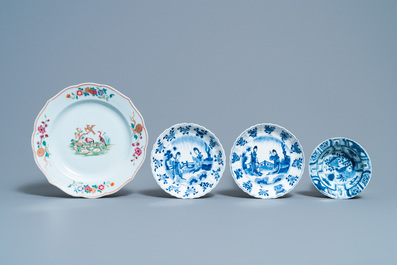 Cinq assiettes en porcelaine de Chine en bleu et blanc, un plat famille rose et un vase famille verte, Wanli et apr&egrave;s