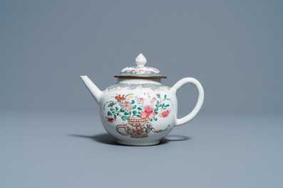 A Chinese famille rose teapot with a fine flower basket, Yongzheng