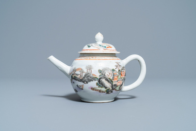 A fine Chinese 'landscape' teapot and a pair of cups and saucers, Yongzheng