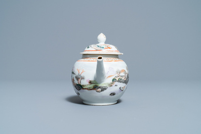 A fine Chinese 'landscape' teapot and a pair of cups and saucers, Yongzheng