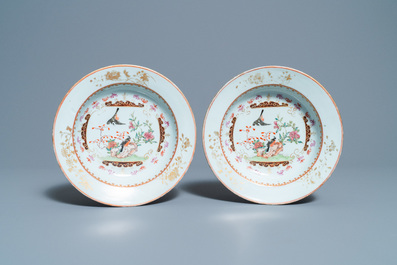 A pair of Chinese famille rose plates with birds among blossoming branches, Yongzheng/Qianlong