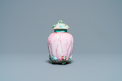 A Chinese famille rose 'lotus' tea caddy and cover, Yongzheng