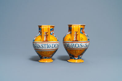 A pair of polychrome Italian maiolica wet drug jars, Casteldurante, 16th C.