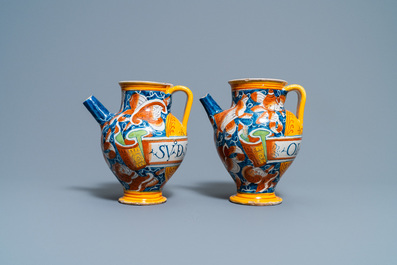 A pair of polychrome Italian maiolica wet drug jars, Casteldurante, 16th C.