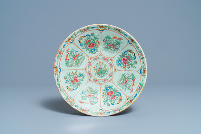A pair of Chinese famille rose jardini&egrave;res and a Canton famille rose celadon dish, 19th C.