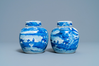 A pair of Chinese blue and white covered jars and a pair of famille rose vases, 19th C.