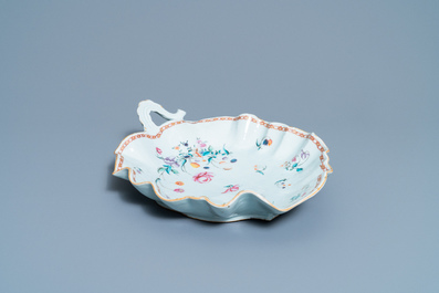 A large Chinese leaf-shaped famille rose tray, Qianlong