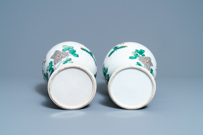 A pair of Chinese famille verte vases with birds among blossoming branches, Republic