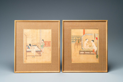 Chinese school, ink and color on silk: Eight erotic and romantic scenes, 18/19th C.