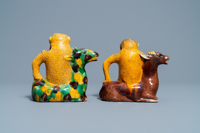 Two Chinese sancai-glazed 'monkey on deer' ewers, 19th C.