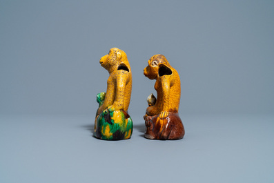 Two Chinese sancai-glazed 'monkey on deer' ewers, 19th C.