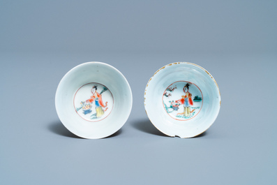 Deux tasses et sept soucoupes en porcelaine de Chine famille rose, Yongzheng