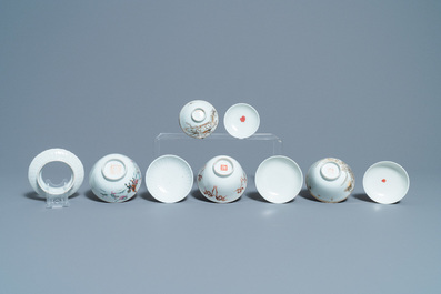 Eight Chinese famille rose and iron-red covered bowls with two stands, 19th C.