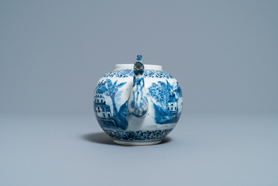 A Chinese blue and white teapot and cover with figures in a landscape, 19th C.