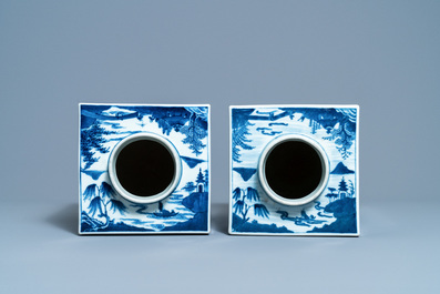 A pair of Chinese blue and white square 'landscape' jars, 19th C.