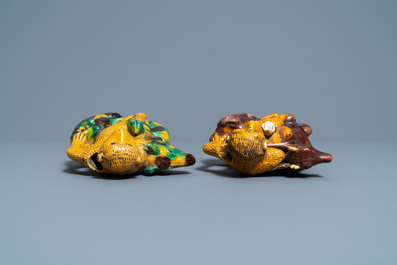 Two Chinese sancai-glazed 'monkey on deer' ewers, 19th C.