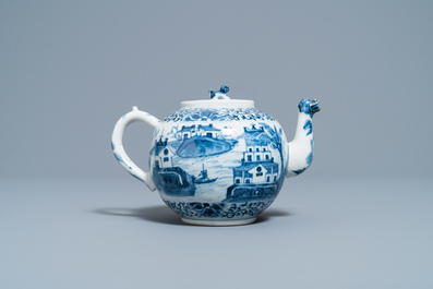 A Chinese blue and white teapot and cover with figures in a landscape, 19th C.
