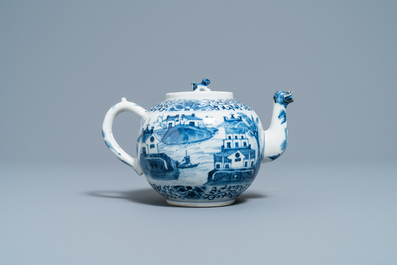 A Chinese blue and white teapot and cover with figures in a landscape, 19th C.