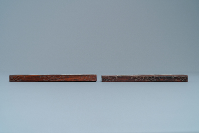 A pair of Chinese inlaid wooden wrist rests, 19/20th C.