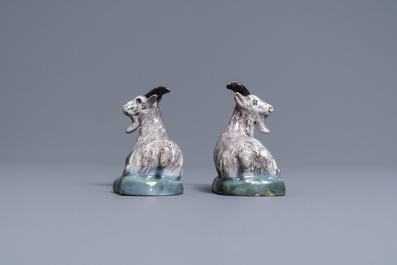 A pair of polychrome Dutch Delft models of goats, 18th C.