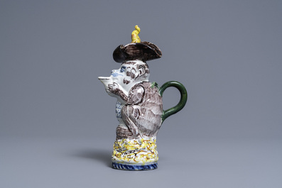 A polychrome Dutch Delft monkey ewer and cover, 18th C.