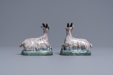 A pair of polychrome Dutch Delft models of goats, 18th C.