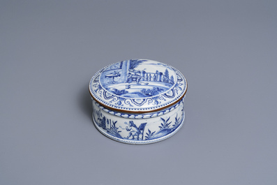 A round Dutch Delft blue and white box and cover with tobacco harvesting scenes, 18th C.