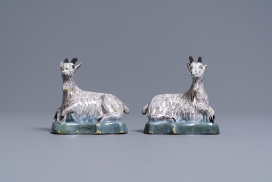 A pair of polychrome Dutch Delft models of goats, 18th C.