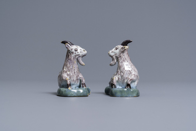 A pair of polychrome Dutch Delft models of goats, 18th C.