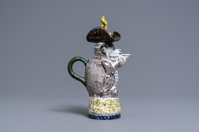 A polychrome Dutch Delft monkey ewer and cover, 18th C.
