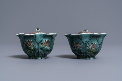 A pair of Chinese verte biscuit lotus-shaped trick cups, 19th C.