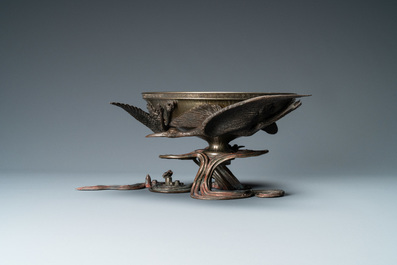 Een Japanse kom op voet in brons, koper en tin, gesign. Kimura Toun, Meiji, 19e eeuw