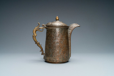 A Safavid parcel-gilt and tinned copper mug and cover, Persia, 17/18th C.