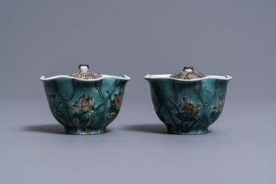 A pair of Chinese verte biscuit lotus-shaped trick cups, 19th C.