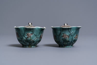 A pair of Chinese verte biscuit lotus-shaped trick cups, 19th C.