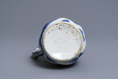 A silver-mounted Dutch Delft blue and white chinoiserie jug, 17th C.