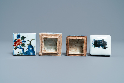 Two Chinese square ko-sometsuke blue and white and wucai covered boxes for the Japanese market, Transitional period