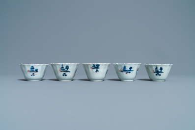 Five Chinese Imari-style cups and saucers, Kangxi