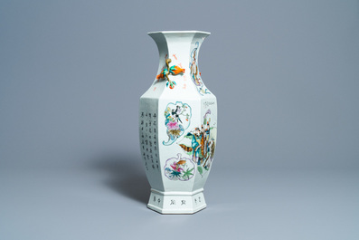 A Chinese hexagonal qianjiang cai vase, 19th C.