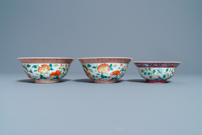 Three Chinese famille rose plates and three bowls for the Straits or Peranakan market, 19th C.