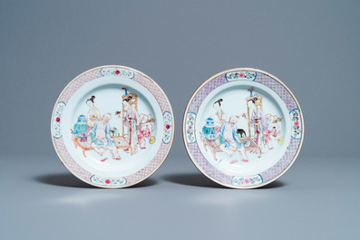 A pair of fine Chinese famille rose ruby back plates with figures in an interior, Yongzheng