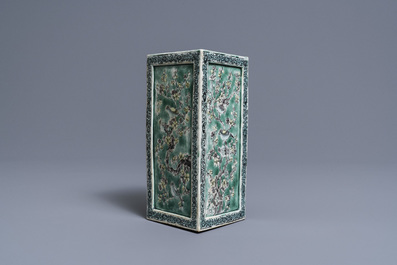 A square Chinese verte biscuit brush pot, Kangxi