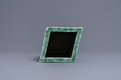 A square Chinese verte biscuit brush pot, Kangxi