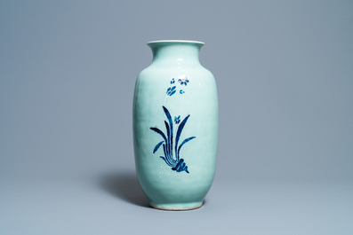 A Chinese blue and white celadon-ground vase, Qianlong