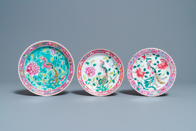 Three Chinese famille rose plates and three bowls for the Straits or Peranakan market, 19th C.