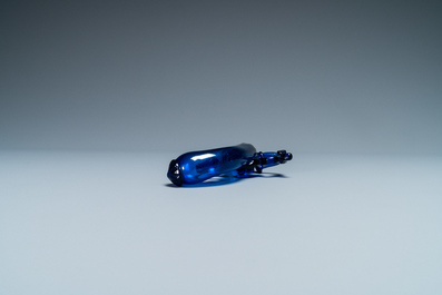 A cobalt blue glass flask in the shape of a flintlock gun, Belgium or Holland, 17th C.