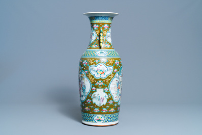 A Chinese brown-ground famille rose vase, 19th C.