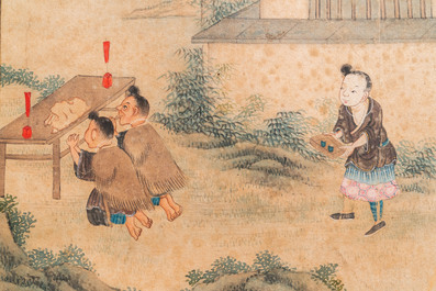 Chinese school, inkt en kleur op papier: Vijf sc&egrave;nes met jongens, 18/19e eeuw