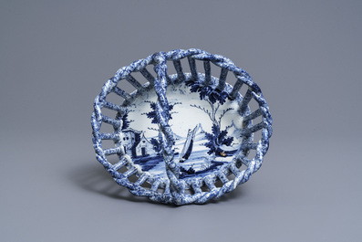 A rare Dutch Delft blue and white reticulated basket, 18th C.