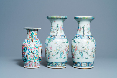 Three Chinese famille rose vases, 19th C.